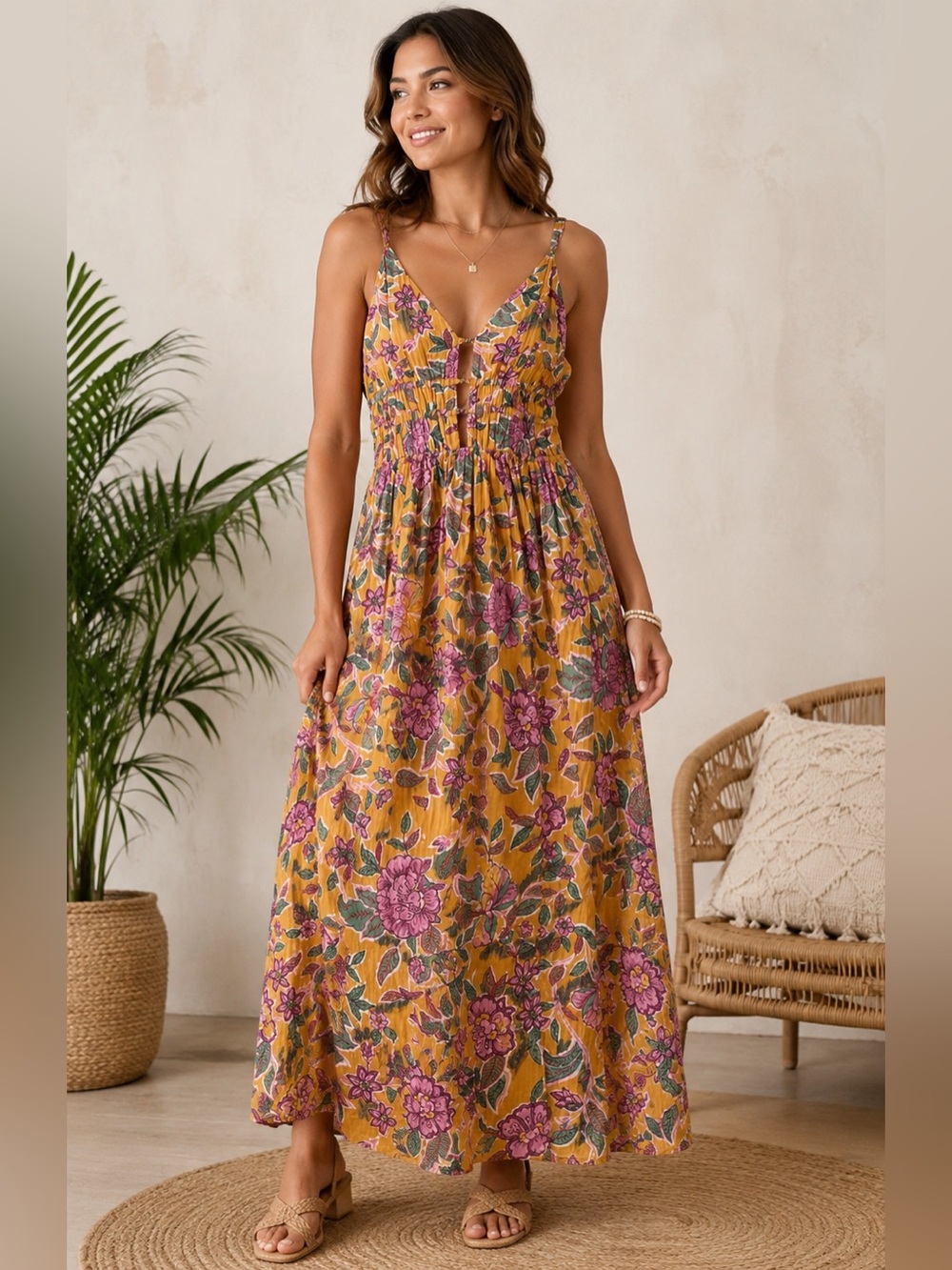 Caroline Constas Maxi Dress Womens Size S‎ Yellow Floral Smocked NWT Boho